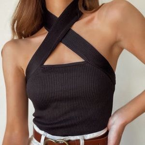 Ribbed Cross Halter Neck Longline Bra Top | Black | OS